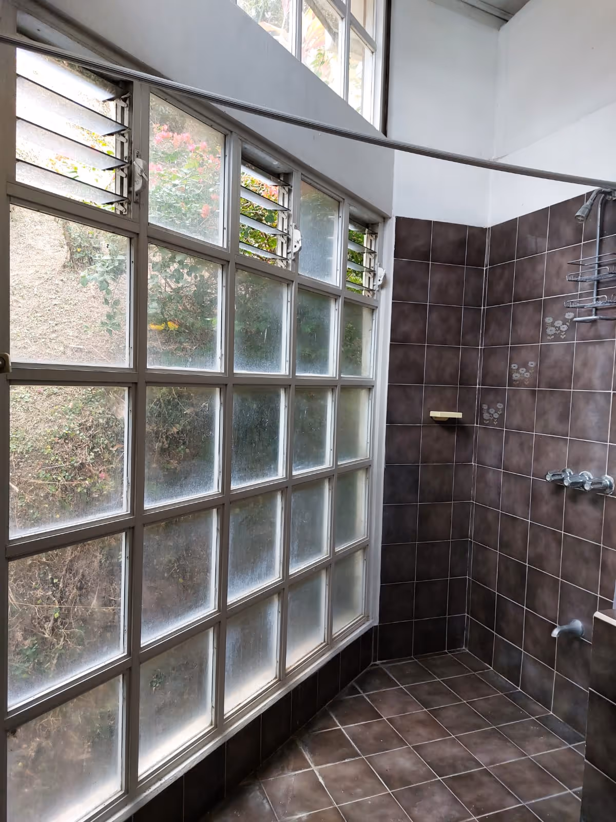 Open shower bathroom with large French Door windows