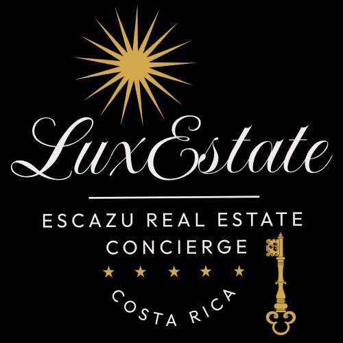 Logo of Escazu Lux Estate: Lux Estate, Escazu Real Estate Concierge, Costa Rica with 5 stars, a bright sun and a golden key