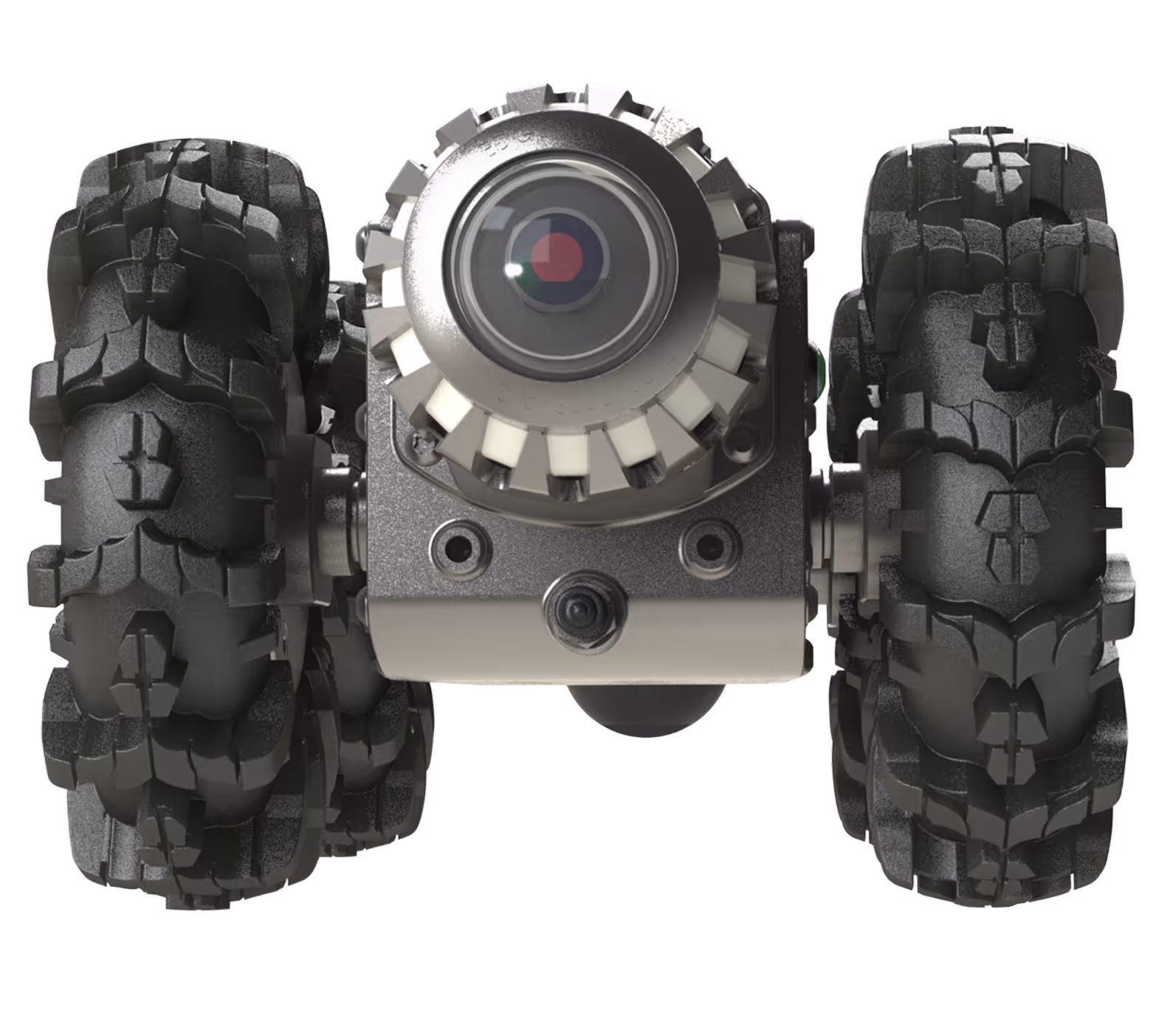 Front view of a compact robot with large rugged tires and a central camera lens.