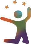 Colorful stylized figure with arms raised and three stars above its head.