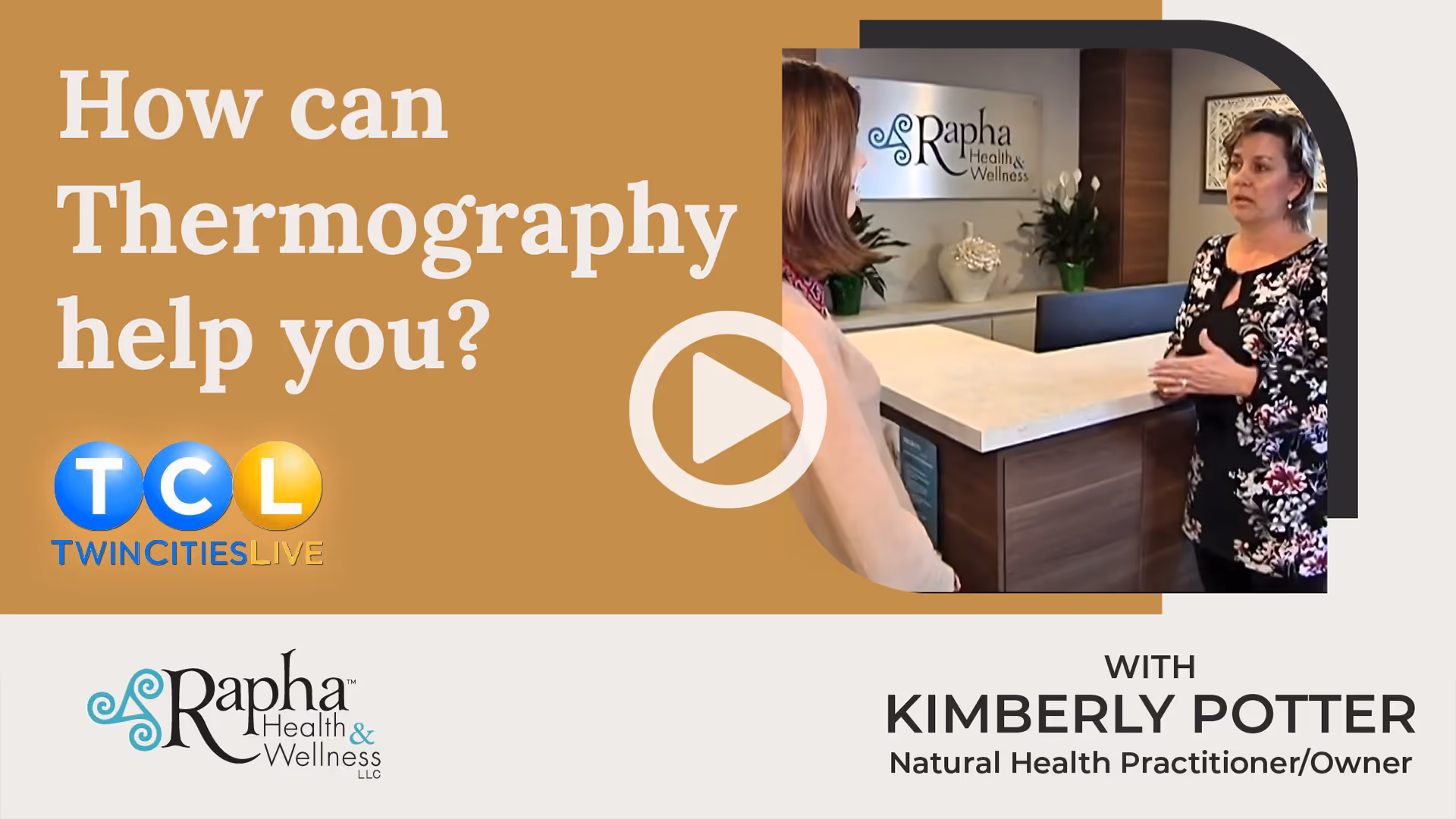 Two women talking at a wellness center counter with text asking how thermography can help you, featuring Kimberly Potter, Natural Health Practitioner/Owner.