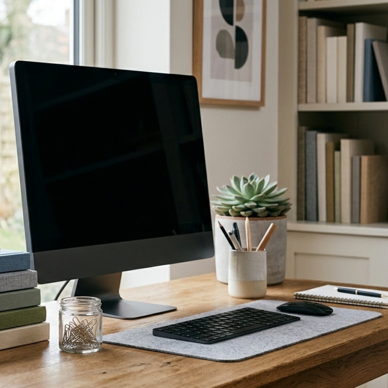 Reception desk with marble countertop, black office chair, potted plant, container of pens, and a screen on the wall displaying Rapha Health & Wellness LLC logo.