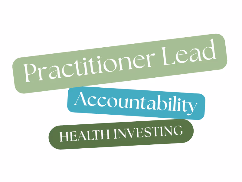 Text blocks with the words Practitioner Lead, Accountability, and Health Investing in different shades of green and blue.