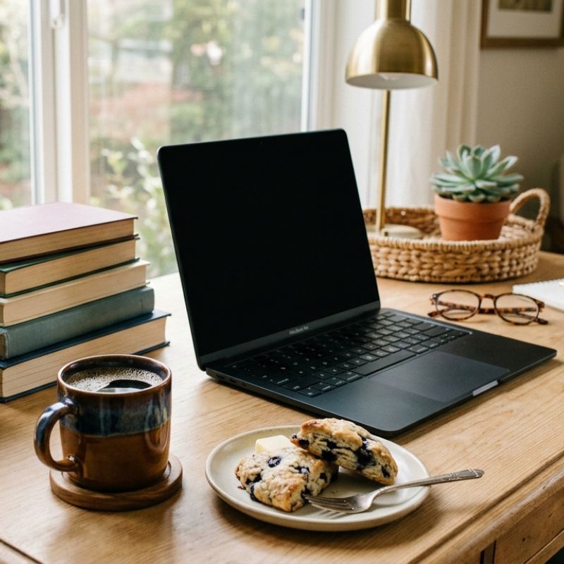 Computer on desk with books, coffee, plate with scone and other decor