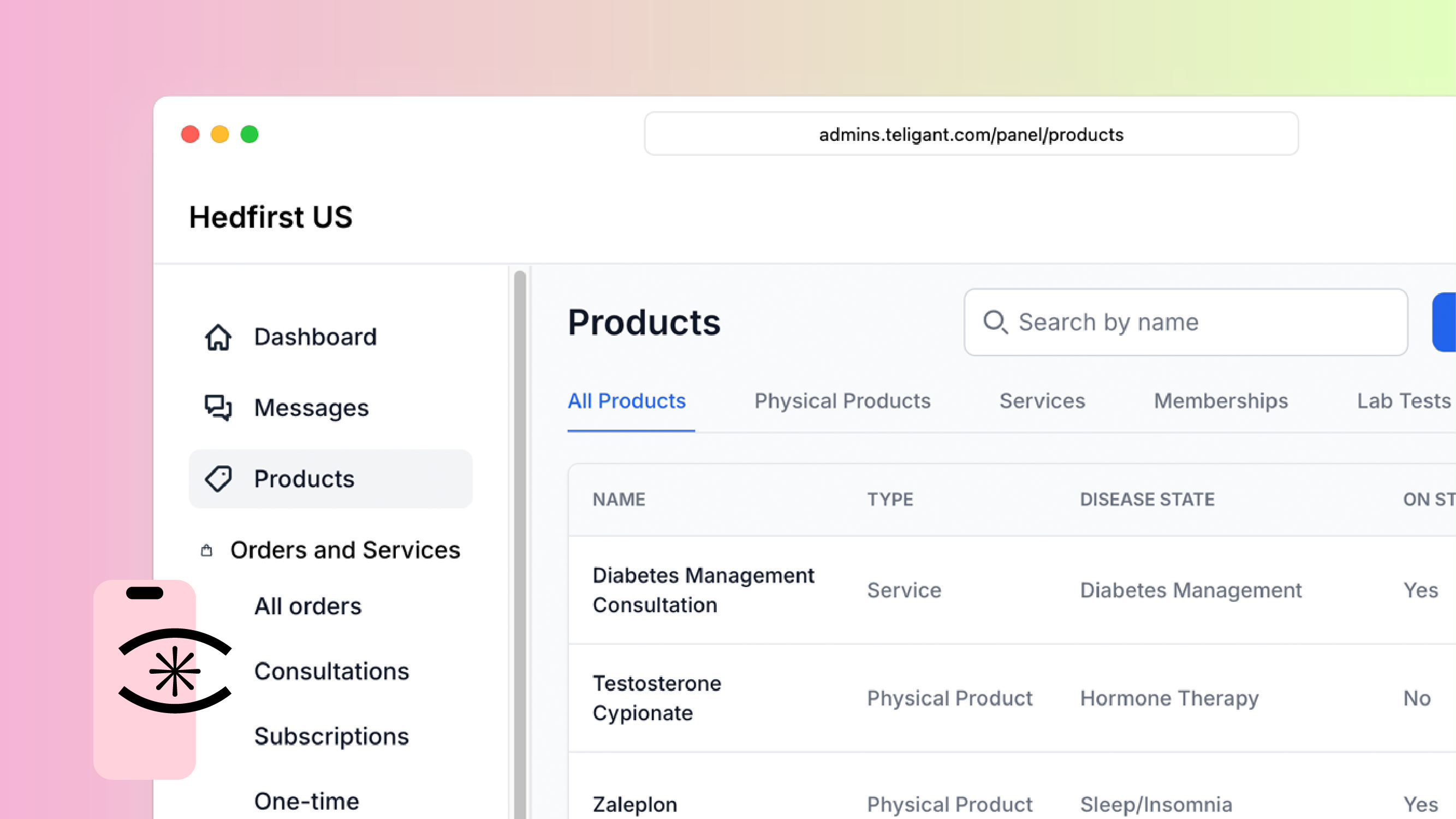 Teligant telehealth software dashboard with products and consultations.