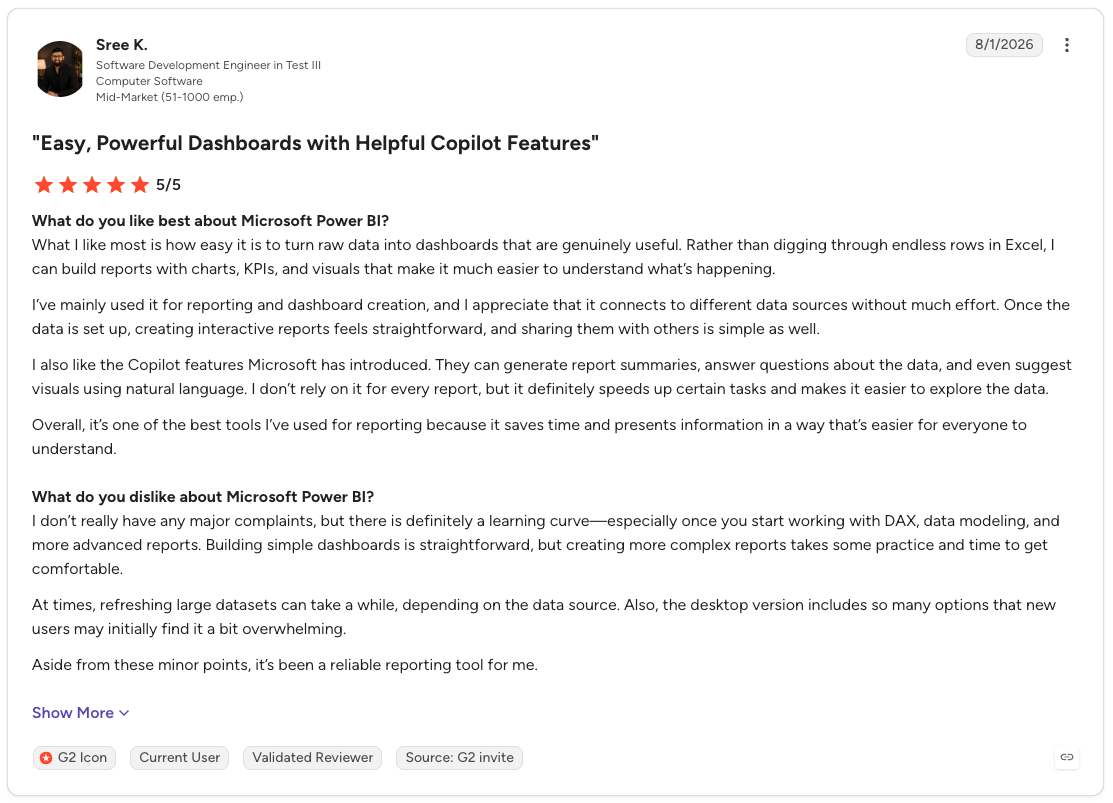 G2 review of Microsoft Power BI praising its dashboards and Copilot features while noting a learning curve.