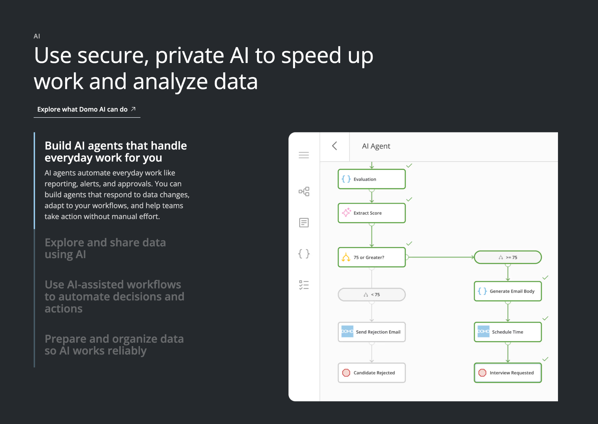 Domo AI page showing a visual agent workflow for evaluating candidates and automating interview decisions.