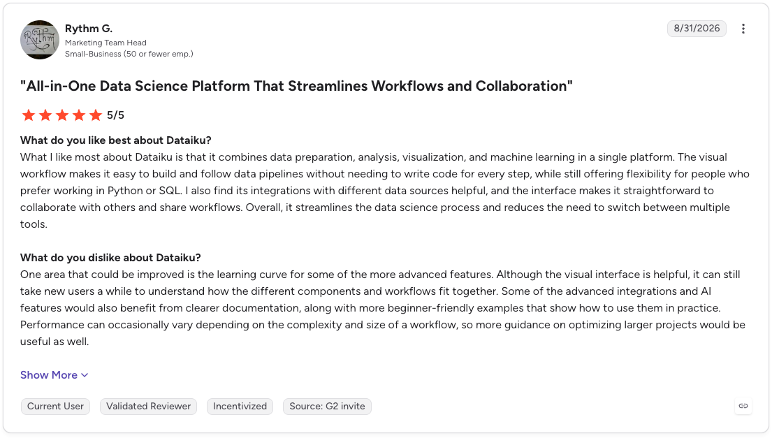 G2 review of Dataiku praising its all-in-one data workflows while noting a learning curve for advanced features.