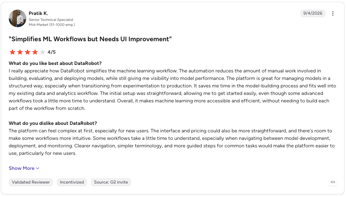 G2 review of DataRobot praising automated ML workflows while noting UI complexity and a learning curve.