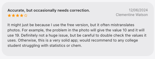 Apple App Store review of Julius AI praising its usefulness while warning that generated values may need double-checking.