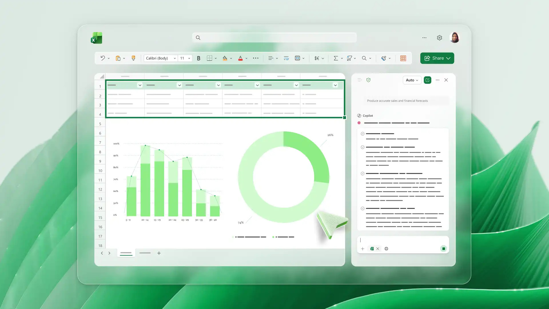 Microsoft Copilot in Excel analyzing spreadsheet data with charts and AI-generated insights in a side panel.