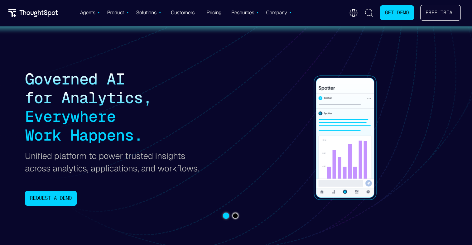 ThoughtSpot homepage promoting governed AI analytics with a mobile preview of the Spotter analytics agent.