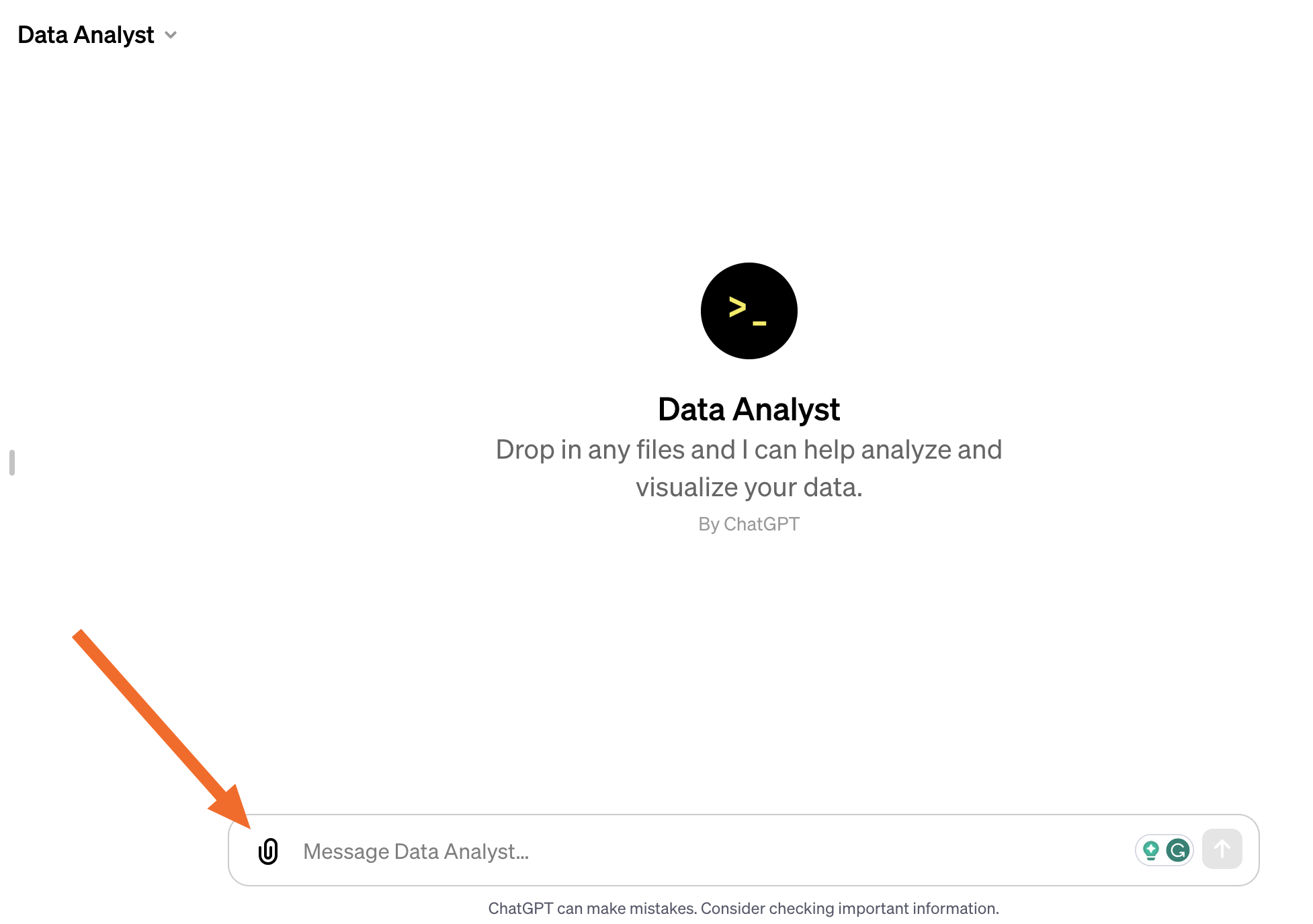 ChatGPT Data Analyst interface prompting users to upload files for data analysis and visualization.