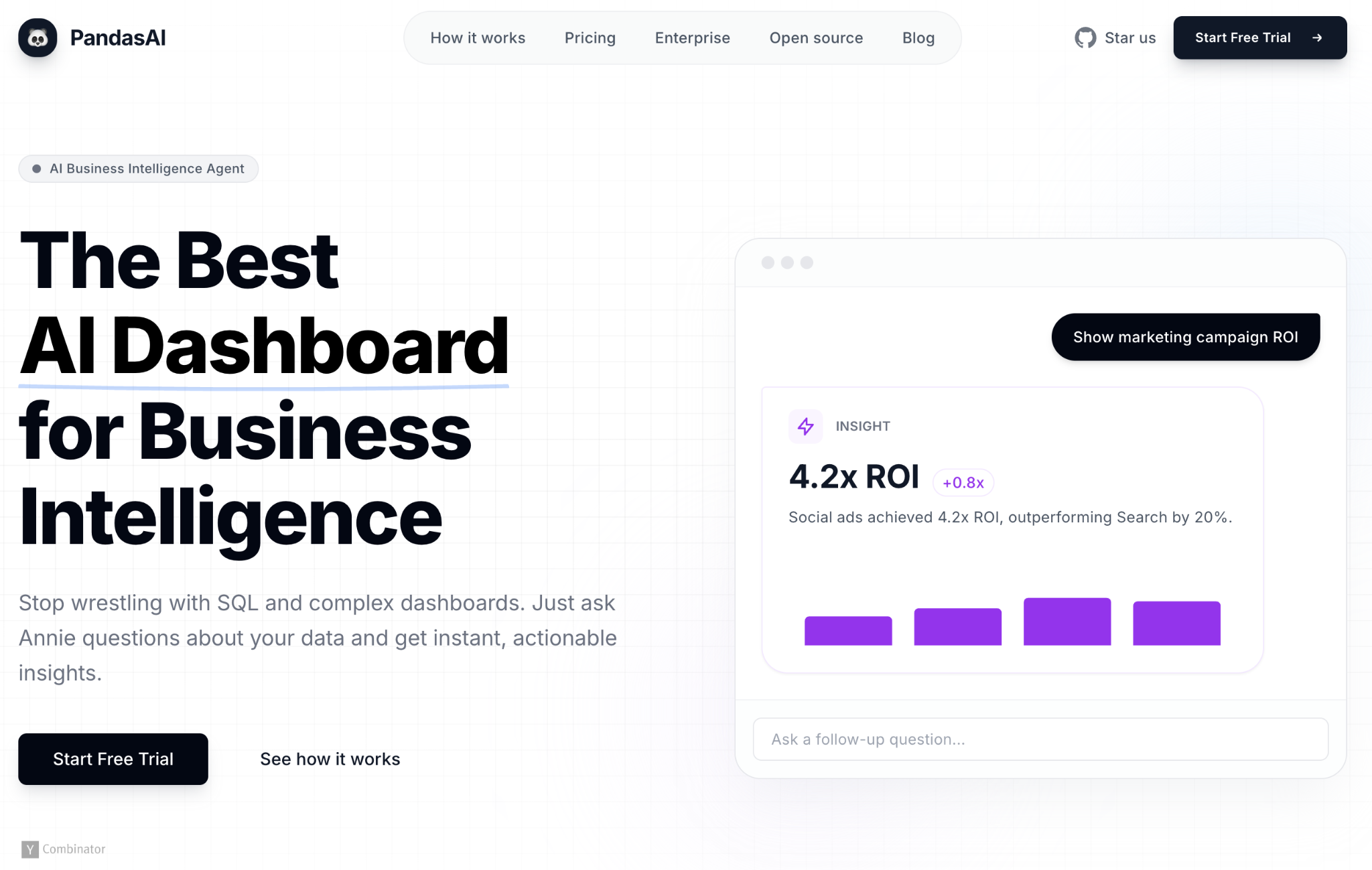 PandasAI homepage showing an AI dashboard that answers business data questions.