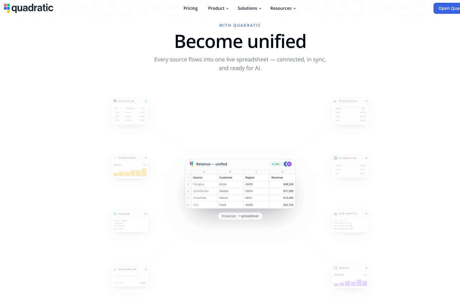 Quadratic homepage showing its connected AI spreadsheet for unified business data.