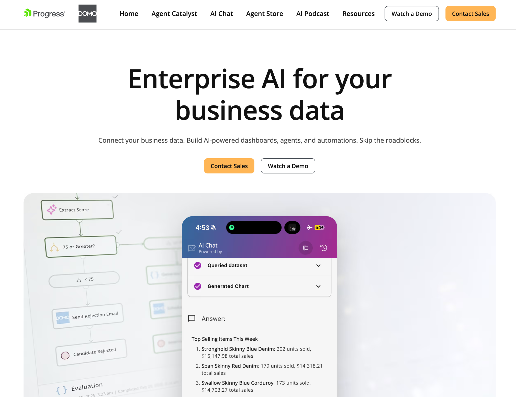 Domo AI homepage showing enterprise AI tools for connected business data.