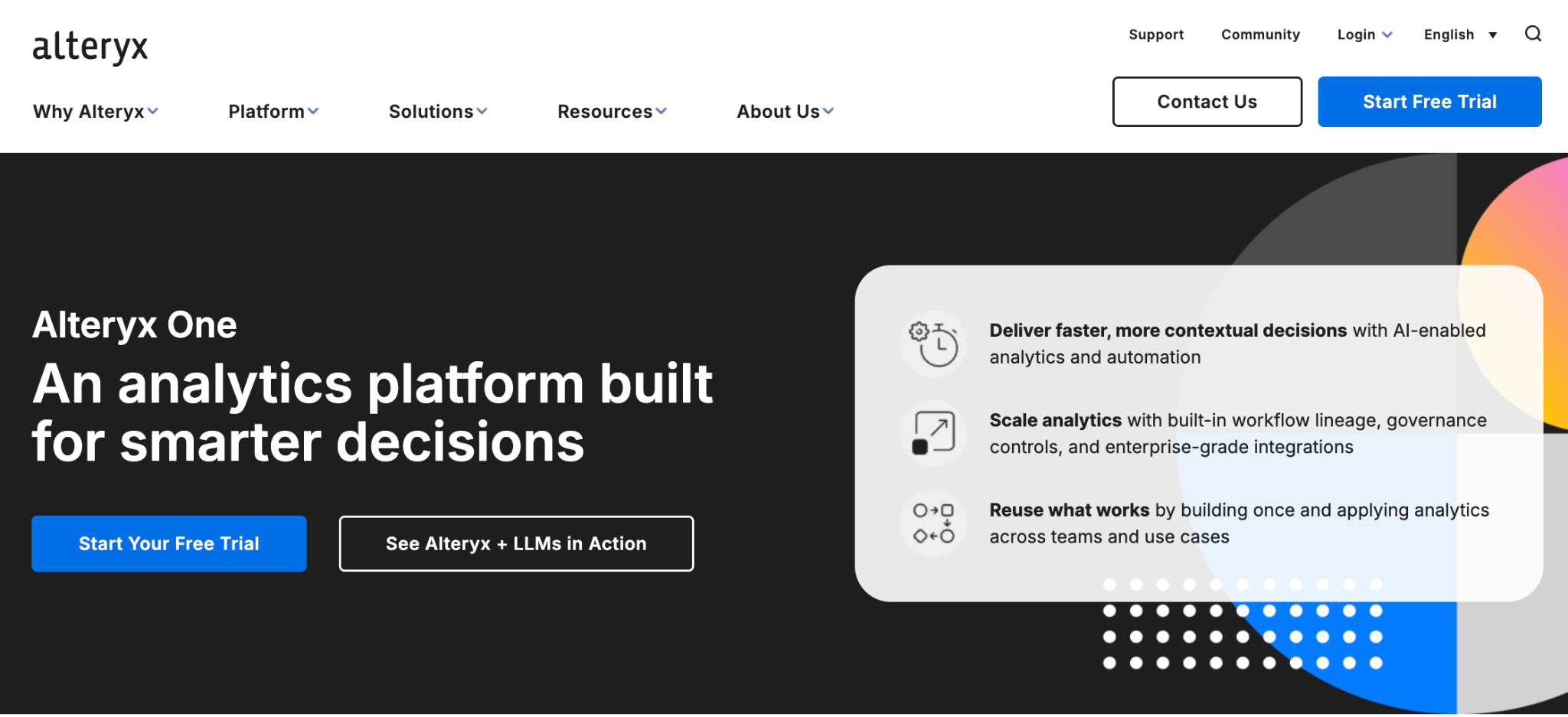 Alteryx One homepage titled, 'An analytics platform built for smarter decisions,' with feature highlights on AI-enabled decisions, governance controls, and reusable workflows, plus 'Start Your Free Trial' and 'See Alteryx + LLMs in Action' buttons.
