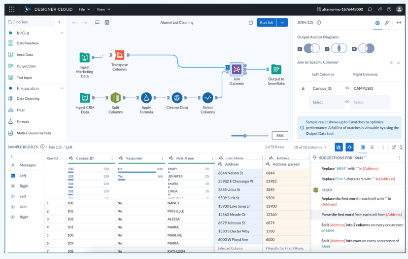 Alteryx Designer Cloud workflow named "Alumni List Cleaning," joining marketing and CRM data, with sample results and address-parsing suggestions below.