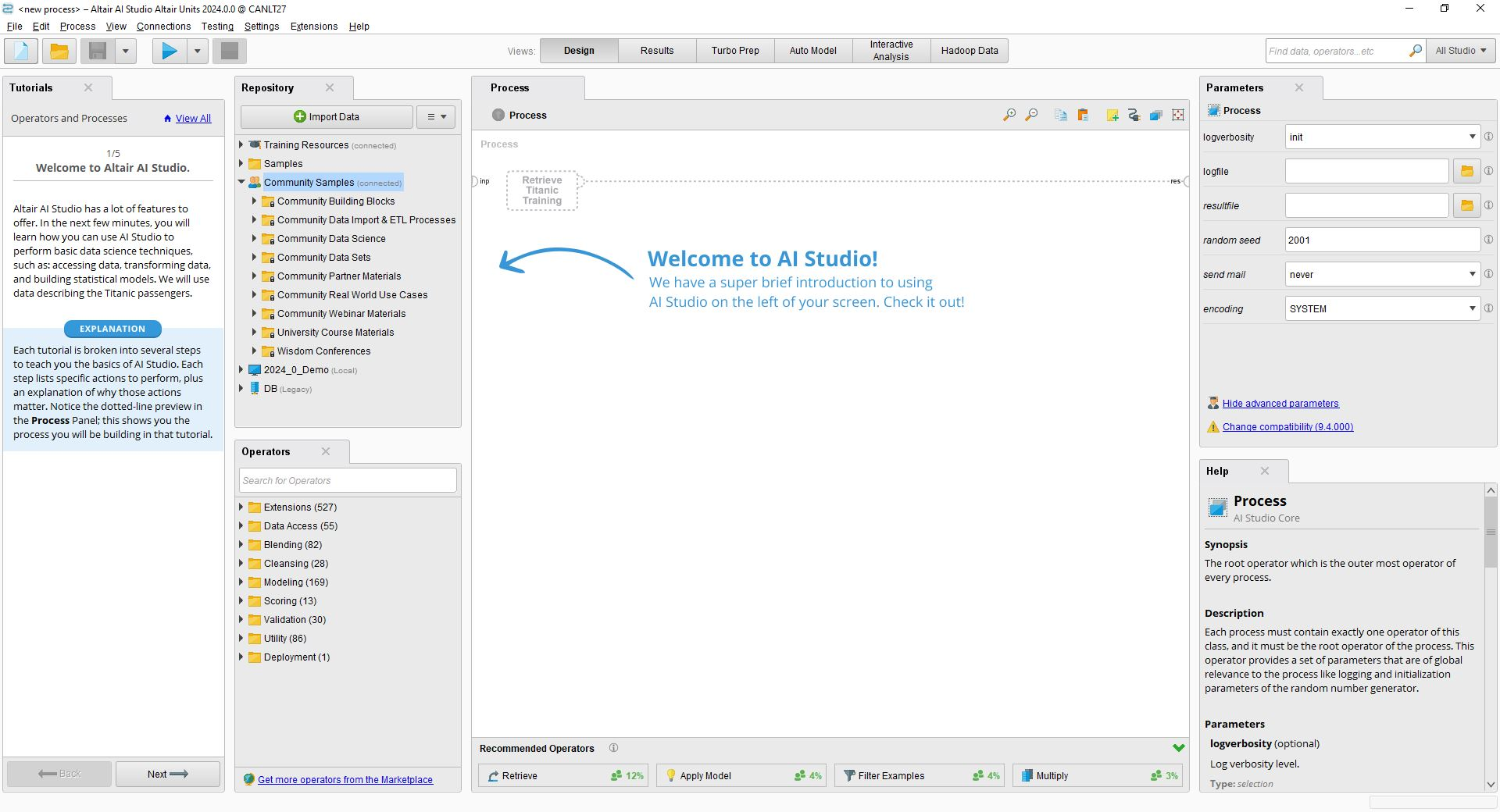 Altair AI Studio welcome screen showing a tutorial panel, a repository of sample folders, an operator list, and empty process and parameter panels.