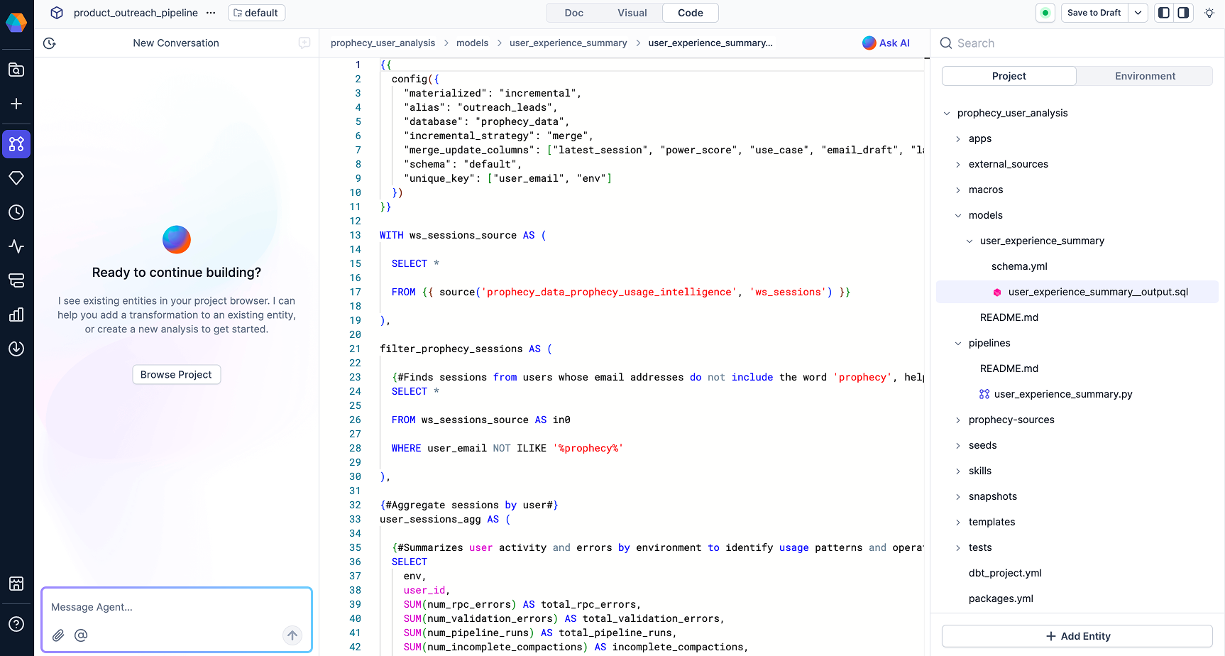 Prophecy data transformation interface shows SQL code for a user experience summary model with filtering and aggregation steps.