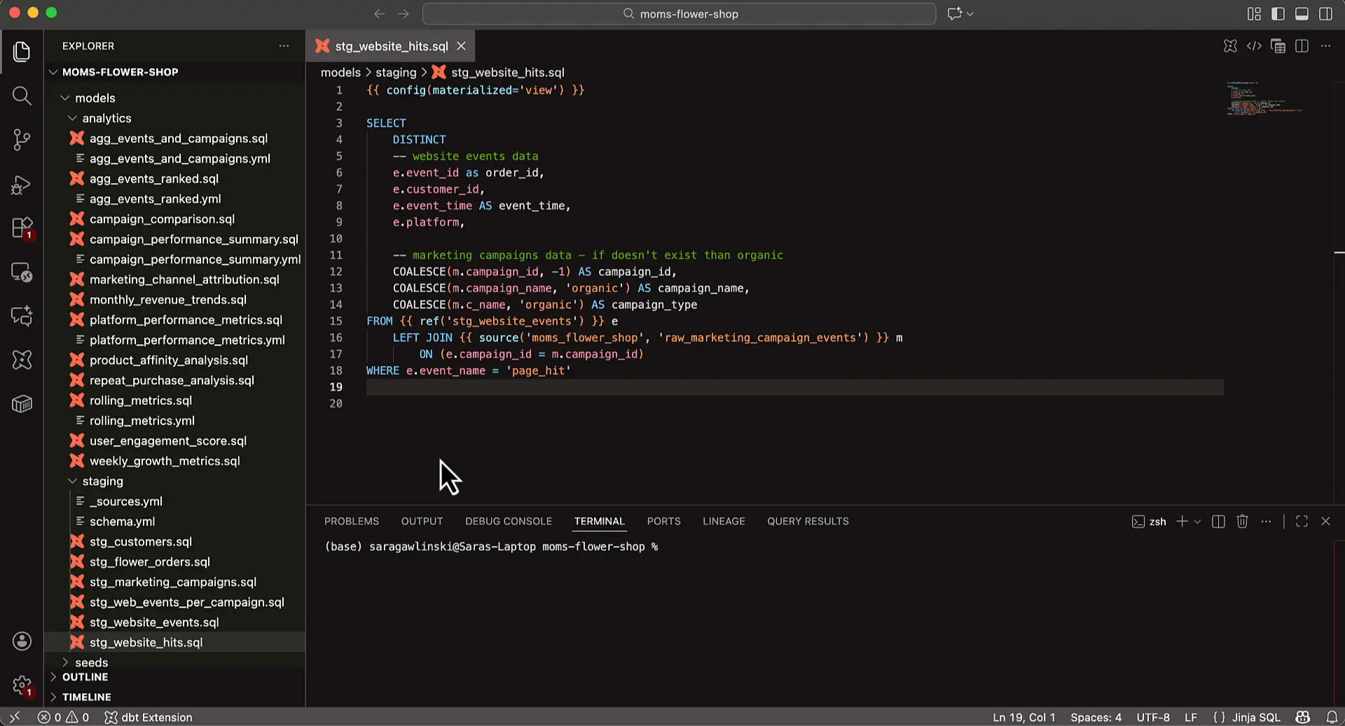 dbt project in VS Code shows a SQL model transforming website event and marketing campaign data.