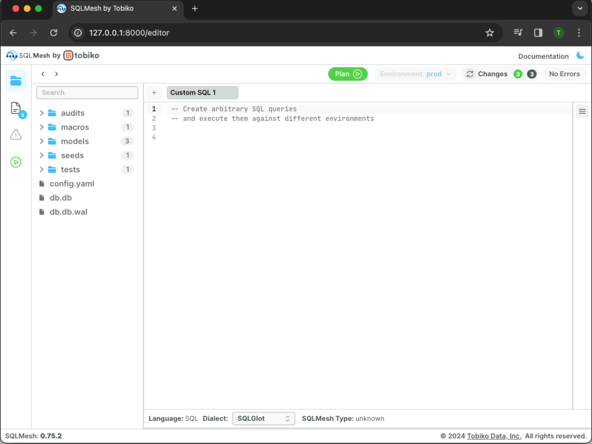 SQLMesh editor showing a SQL project with folders for audits, macros, models, seeds, and tests.