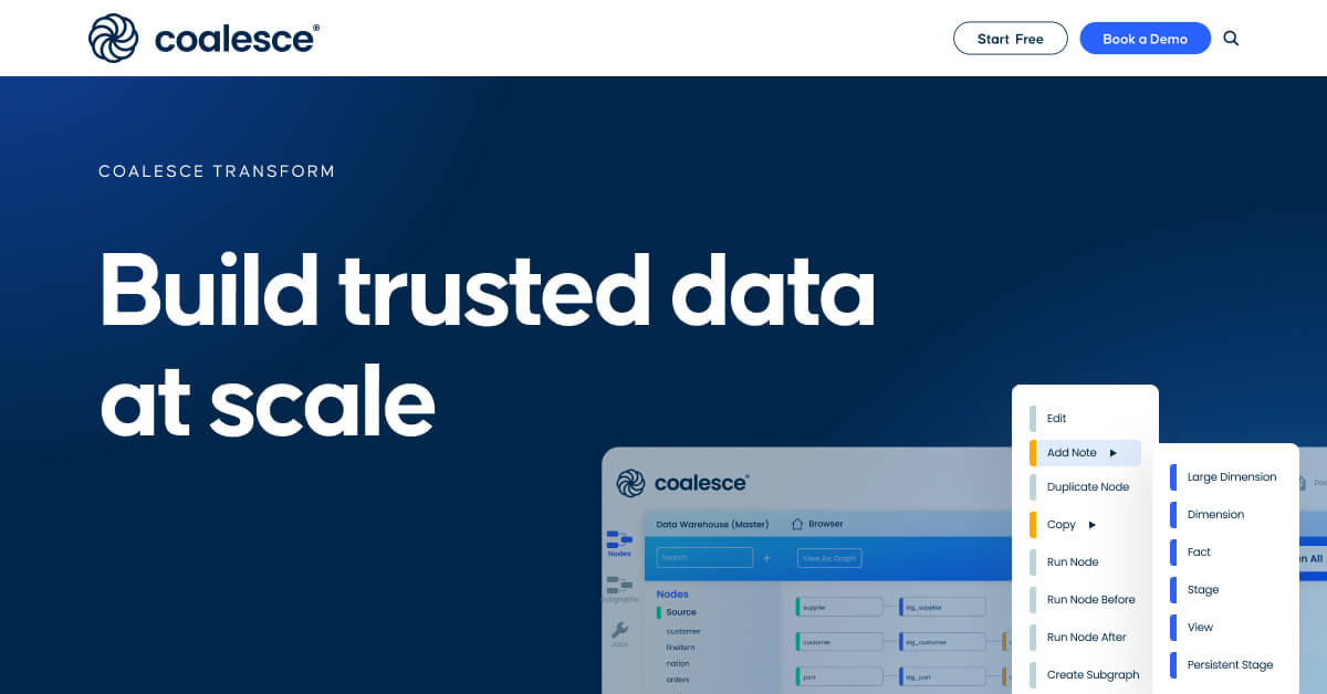 Coalesce Transform homepage promoting trusted data at scale with a visual interface for building and running data nodes.