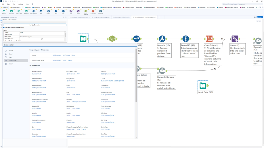 Alteryx Designer shows a visual data workflow connecting preparation, transformation, and output tools.