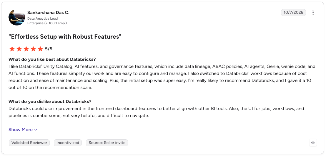 G2 review of Databricks highlighting strong governance features but criticizing dashboard limitations and difficult navigation.