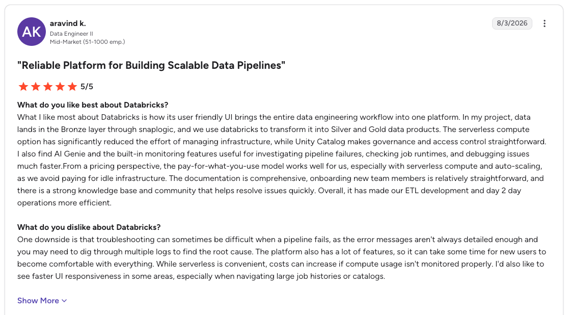 G2 review of Databricks praising scalable data pipelines, serverless compute, Unity Catalog governance, and AI Genie.