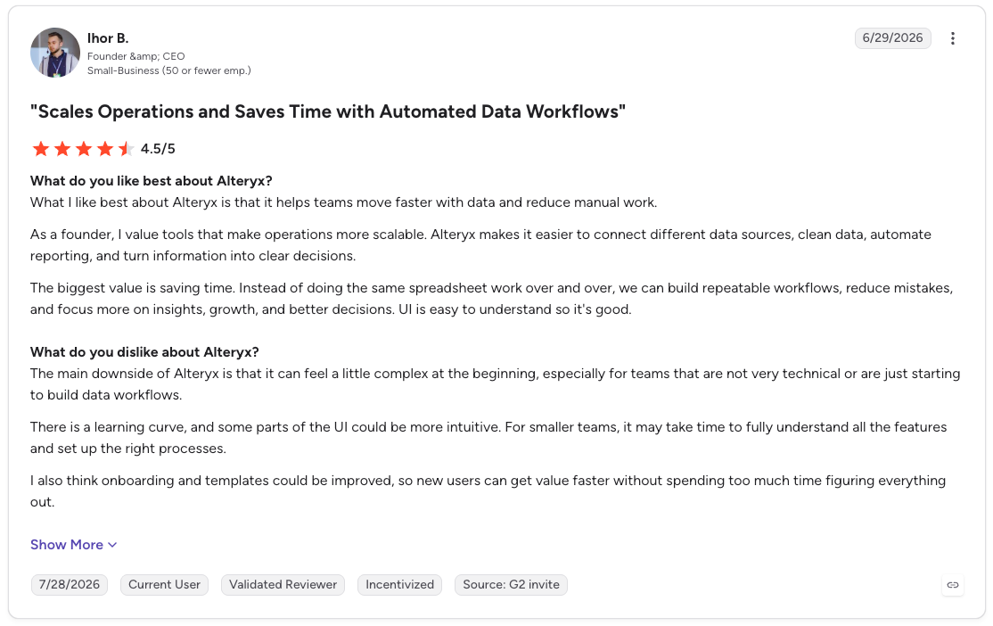 G2 review of Alteryx highlighting time-saving data workflows but noting a steep learning curve and complex onboarding.