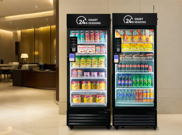 2 smart vending machines in a hotel lobby