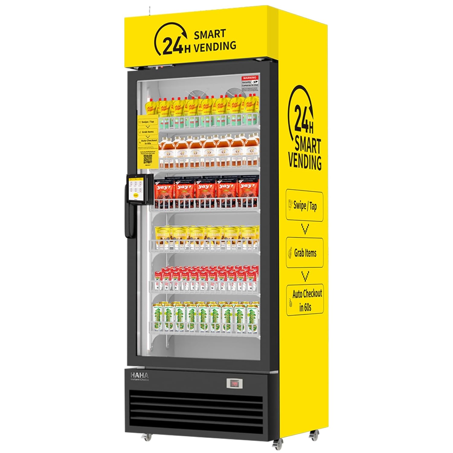 A yellow vending machine that says, '24 H Smart Vending'