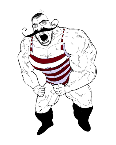 Illustration of a muscular, bald man with a mustache and glasses, wearing a red and white striped tank top, yelling with clenched fists.