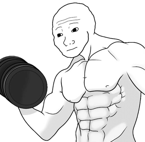 Illustration of a muscular humanoid figure with a sad facial expression lifting a dumbbell.