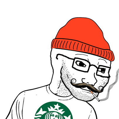 Cartoon character with glasses, a mustache, a red beanie, smoking a cigarette, wearing a white shirt with a green Starbucks logo.