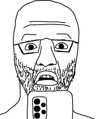 Black and white line drawing of a bald man with glasses and stubble looking surprised while holding a smartphone.