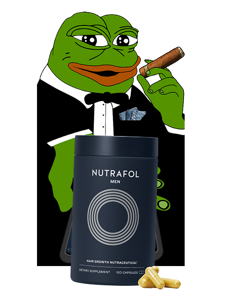 Illustration of a frog character in a tuxedo holding a cigar behind a bottle of Nutrafol Men hair growth supplement with capsules beside it.