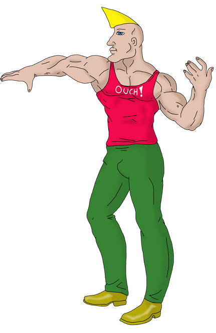 Muscular cartoon man with yellow mohawk wearing a red tank top labeled 'Ouch!', green pants, and yellow boots, posed with arms extended.