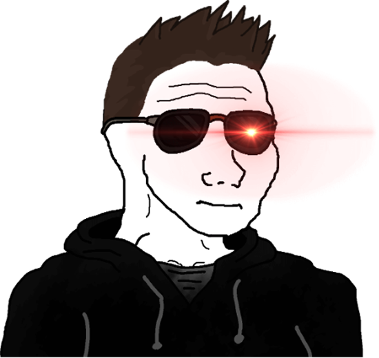 Stylized drawing of a man with spiked brown hair wearing sunglasses emitting a glowing red light from one lens, dressed in a black hoodie.