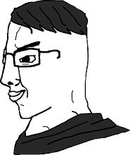 Cartoon profile of a person with short dark hair, glasses, and a smug expression.