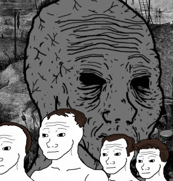 Illustration of five sad, expressionless humanoid faces with varying hairlines in front of a large, wrinkled, and sorrowful gray face with closed eyes.