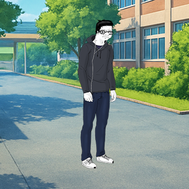 Animation-style character with glasses wearing a black hoodie, dark jeans, and white sneakers, standing on a sunlit pavement near a school building with green trees in the background.
