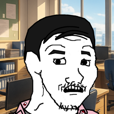 Drawn character with black hair and a mustache, wearing a pink shirt, against an office background with desks and windows.