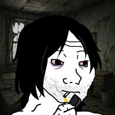 Illustration of a tired, unshaven man with dark hair, holding a black object near his mouth in a dim, rundown room.
