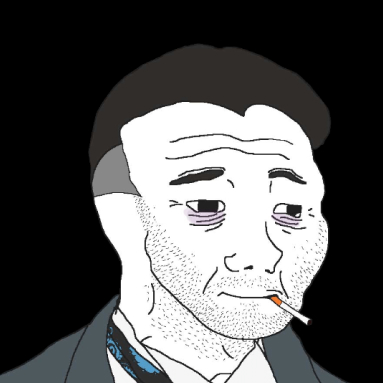 Illustration of a tired, middle-aged man with dark hair, stubble, and a cigarette in his mouth against a black background.