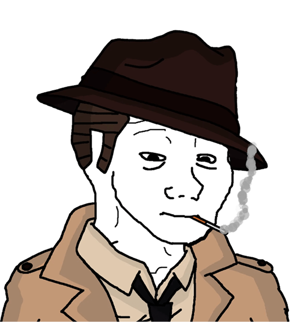 Illustration of a man with a tired expression wearing a brown fedora, tan trench coat, and smoking a cigarette emitting smoke.