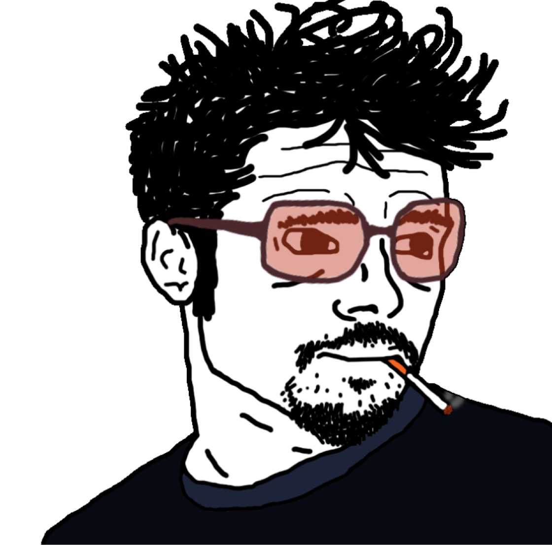 Drawing of a man with messy black hair, beard, wearing tinted glasses, and smoking a cigarette.