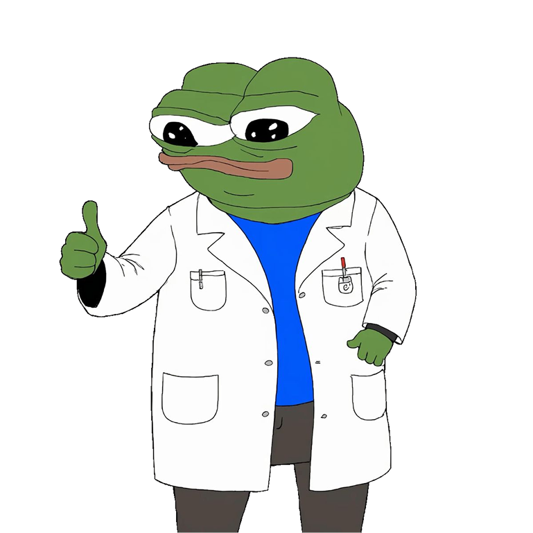 Cartoon frog character wearing a white lab coat and blue shirt giving a thumbs-up gesture.