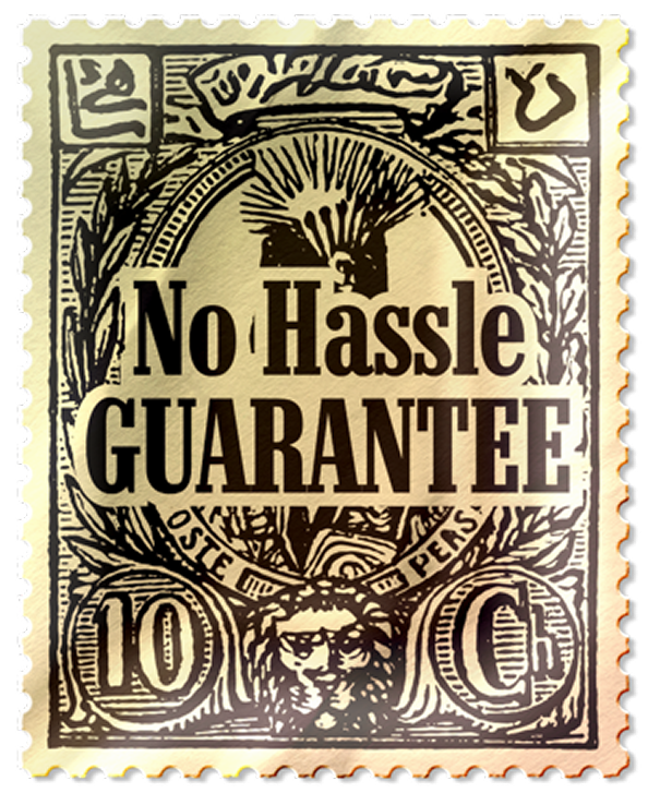 Vintage-style stamp with large text saying 'No Hassle GUARANTEE' over a decorative design featuring a lion's head and the denomination 10 cents.